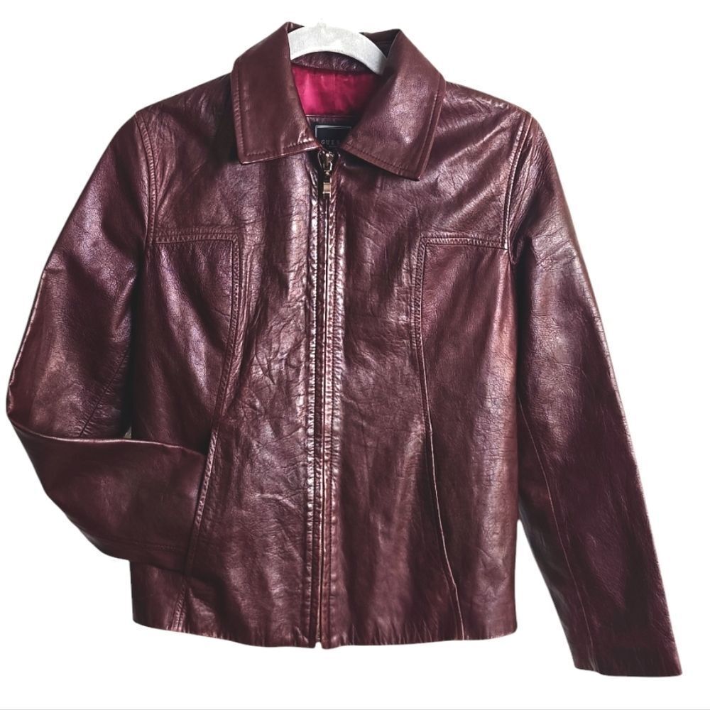 Italian Elegant Maroon Genuine Leather Jacket for Women By Guess Size S